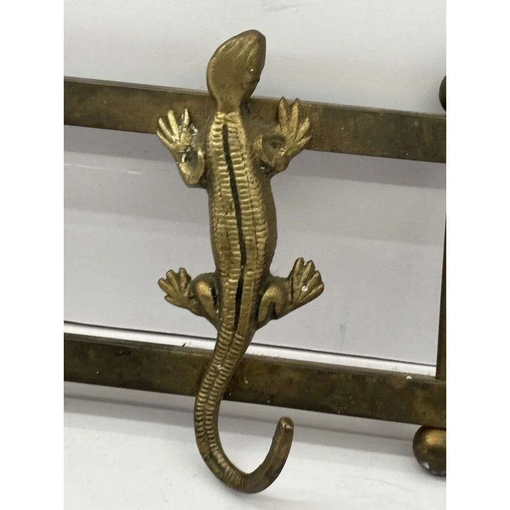 Vintage Solid Brass 5-Hook Lizard Gecko Wall Rack Coat Key Towel Hanger Boho 22